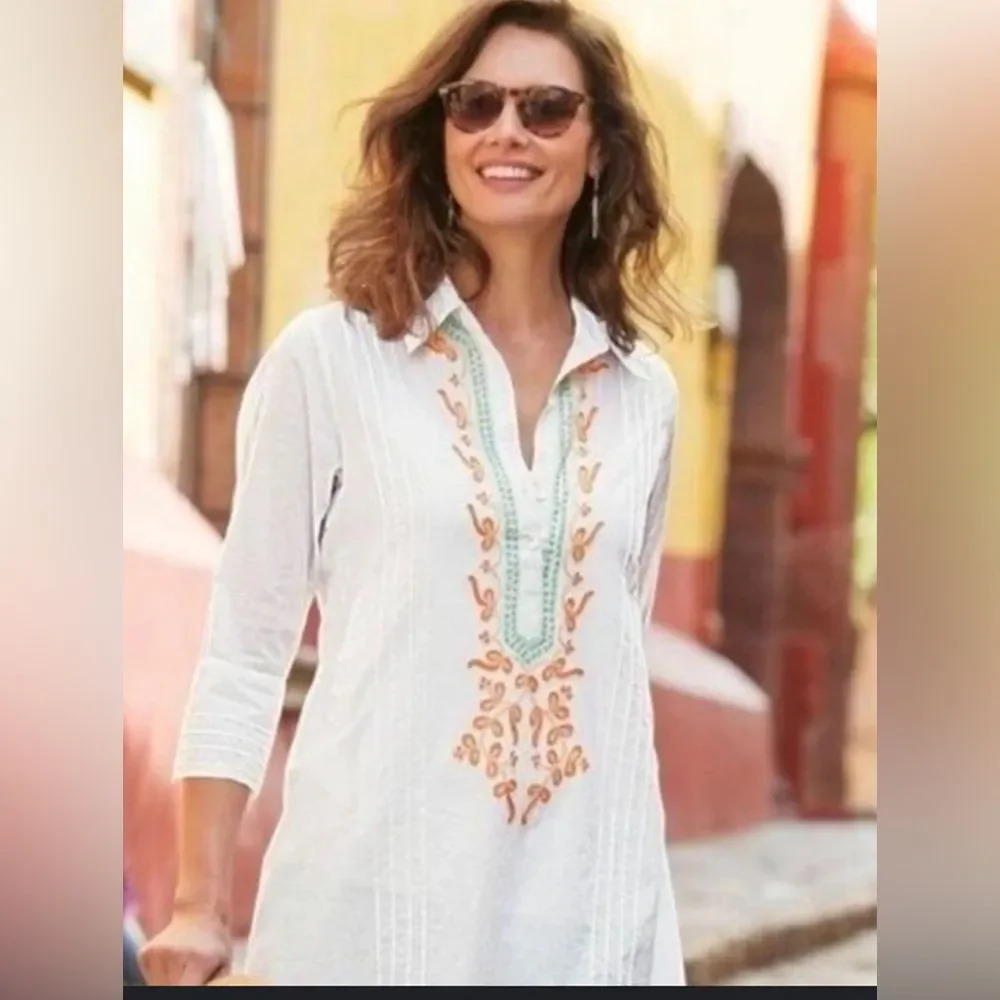 EUC Soft Surroundings beaded tunic Beach Tropical Cover up Medium